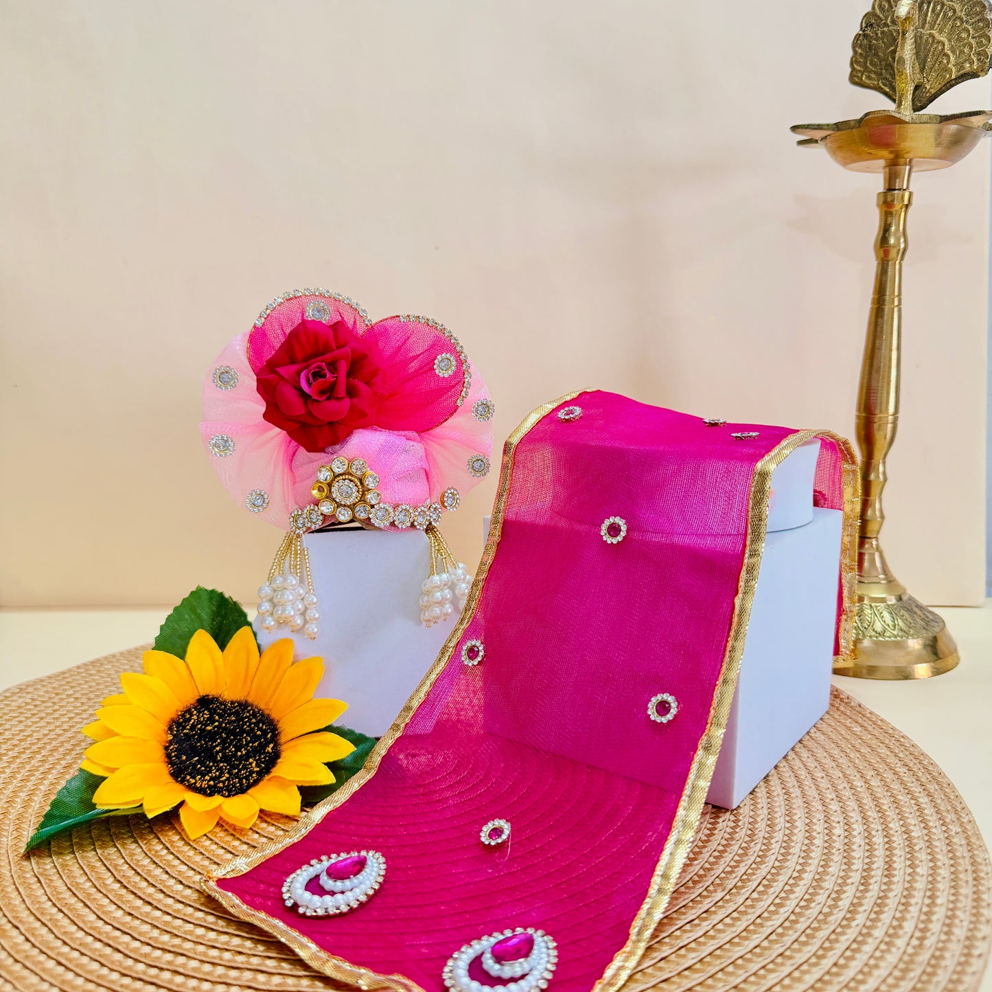 LED Light Rose Gopal Dress with Mukut, Bansuri and Surprise Gift