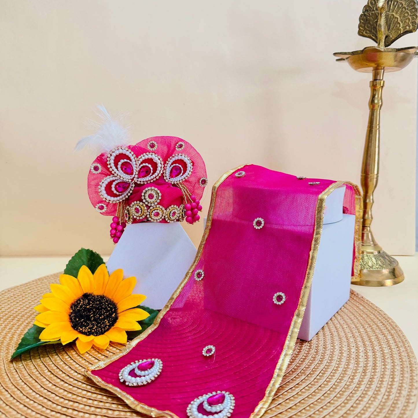 Handmade Pink Bal Gopal Poshak with Peacock Design with Mukut, Bansuri and a Gift