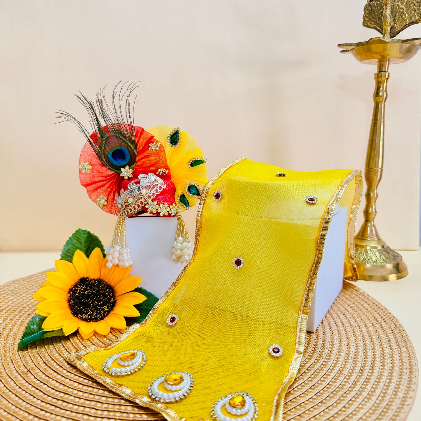 Designer Peacock Feather Bal Gopal Poshak with Mukut, Bansuri & a Gift