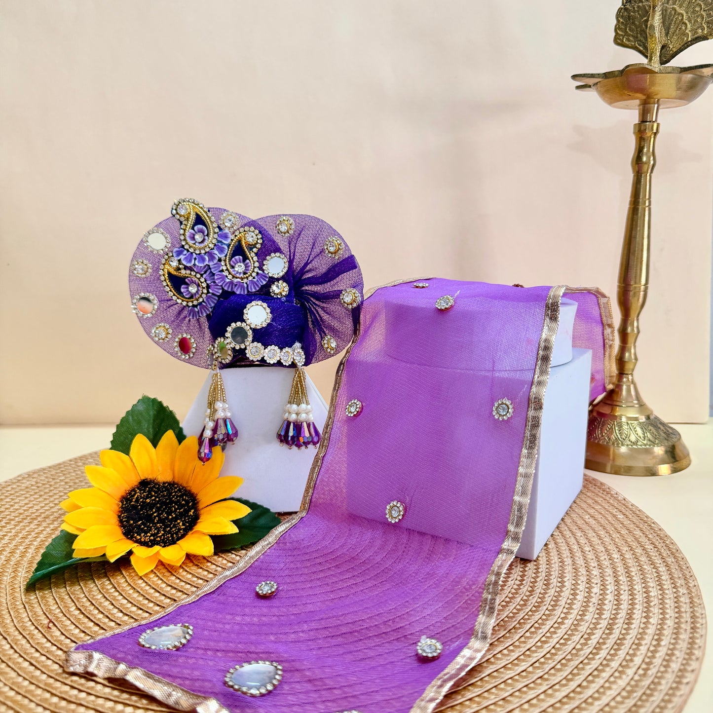 Royal Purple Laddu Gopal Cone Dress with Mukut, Bansuri & Surprise Gift