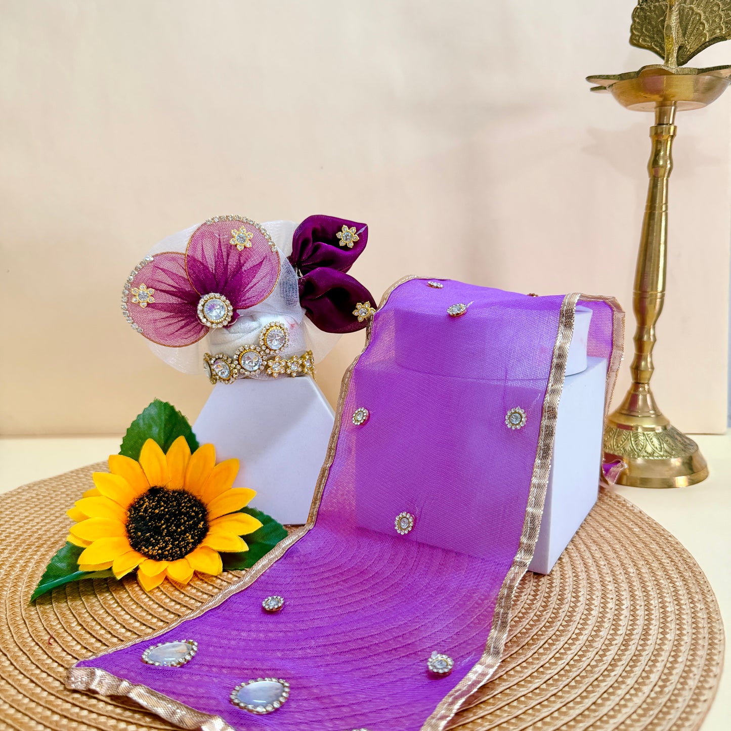Designer Bal Gopal Purple Floral Poshak with with Mukut, Bansuri and a Surprise Gift