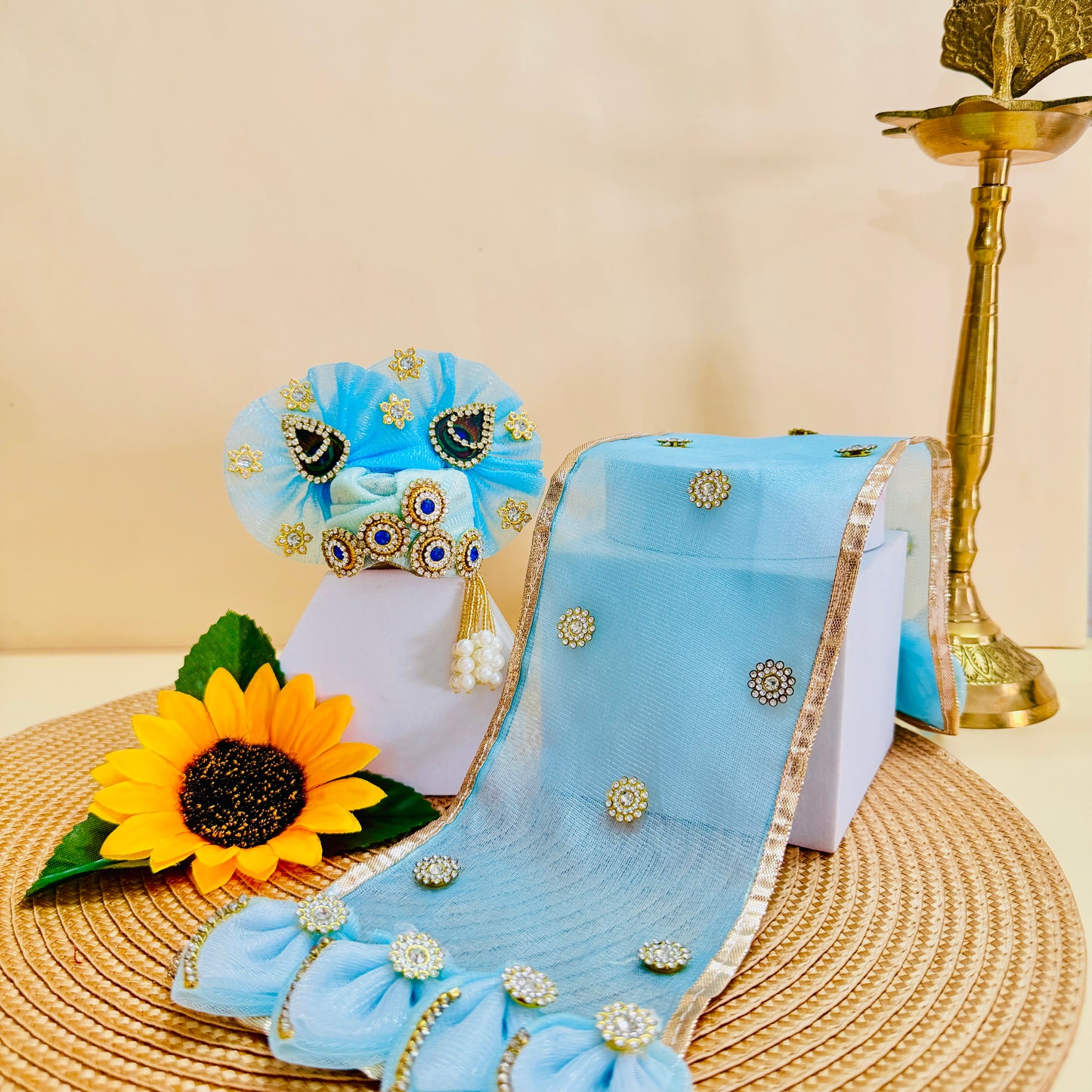 Sky Blue Peacock Kanha Ji Cone Dress with Mukut, Bansuri & Surprise Gift