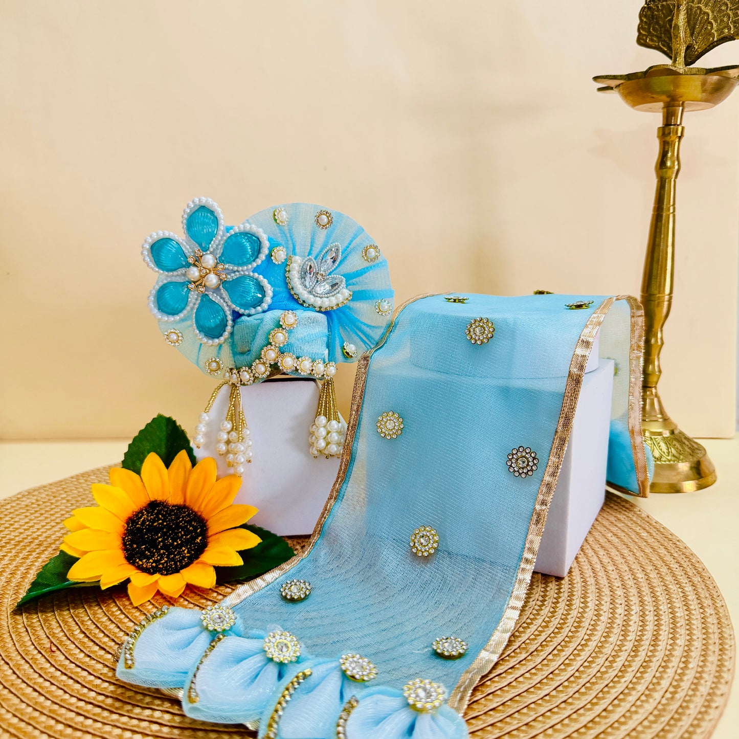 Sky Blue Floral Thakur ji Dress with Mukut, Bansuri & Surprise Gift