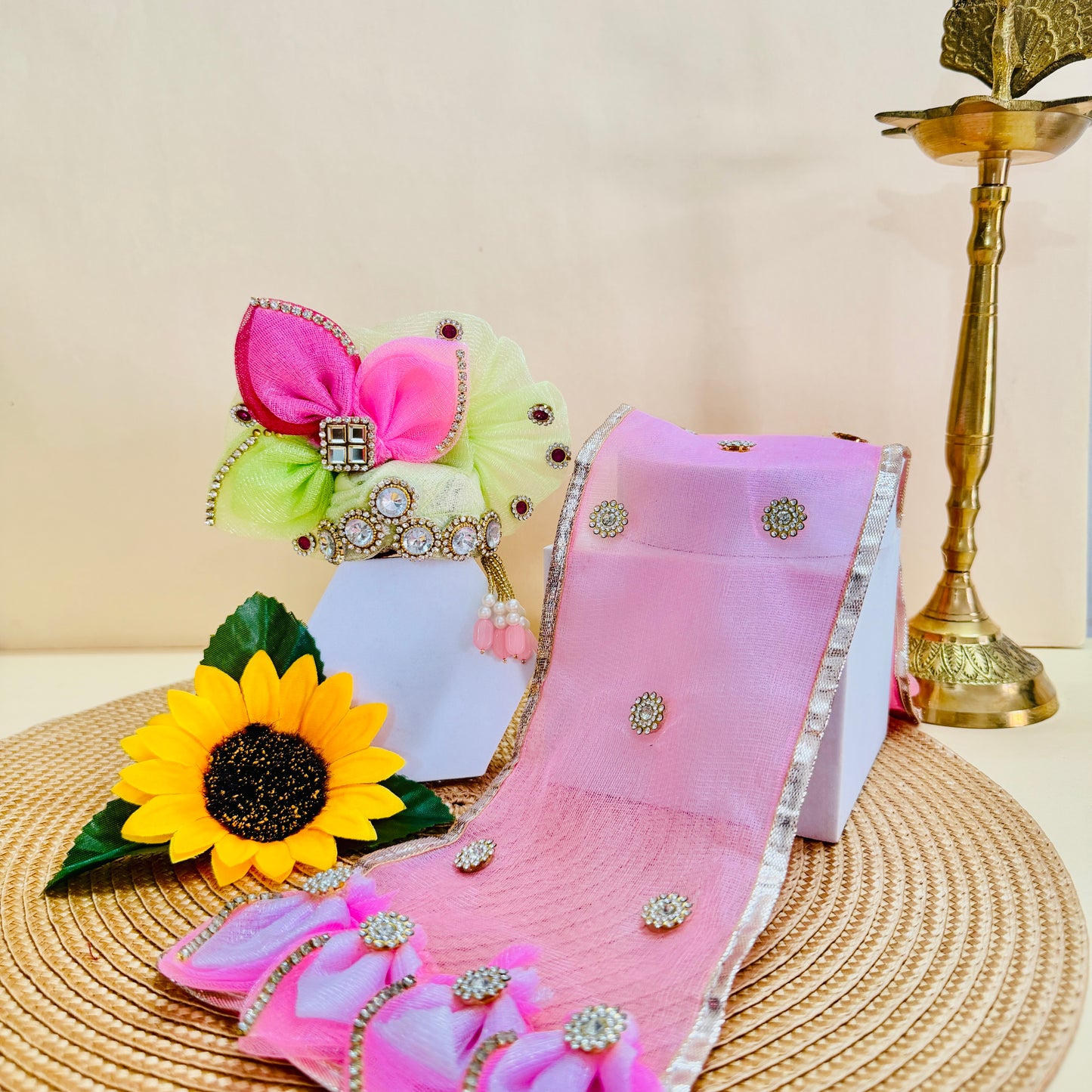 Designer Lotus Bal Gopal Poshak with Peacock Design with Pagdi, Bansuri and a Gift