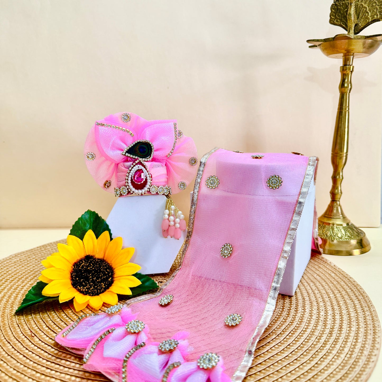 Designer Laddu Gopal Heavy Cone Poshak in Peacock Theme with Mukut, Bansuri and a Gift