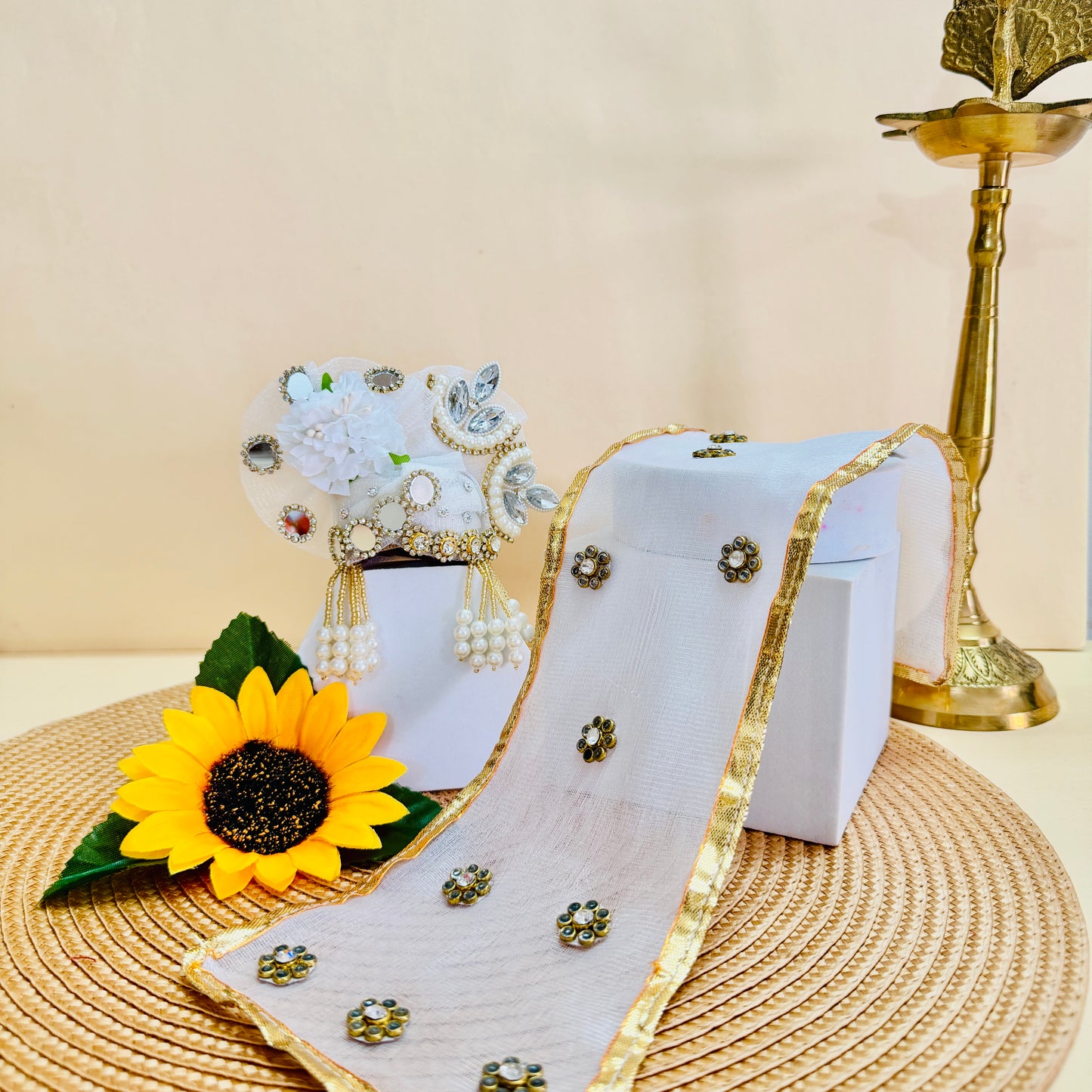 Bal Gopal Poshak with Mirror Work & Floral Border with Mukut, Bansuri & Gift