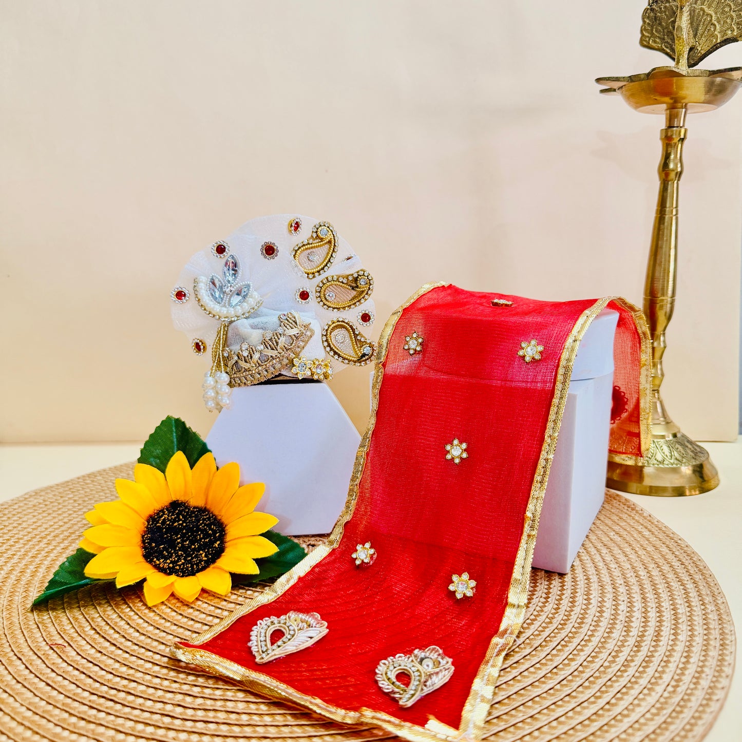 Red Bandhani Laddu Gopal Cone Dress with Mukut & Surprise Gift