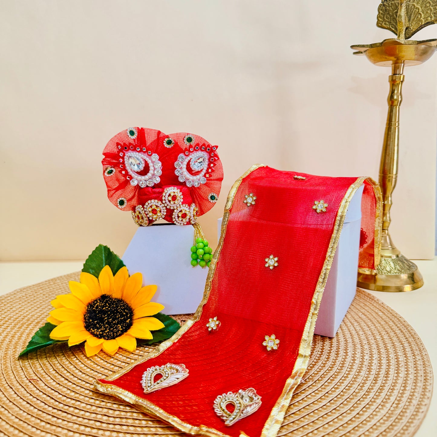 Little Krishna Poshak with Parrot Embroidery & Pearl Lace with Mukut, Bansuri & Gift