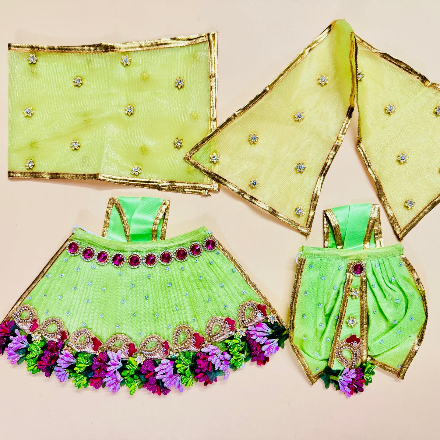 Parrot Green Radha Krishna Floral Dress