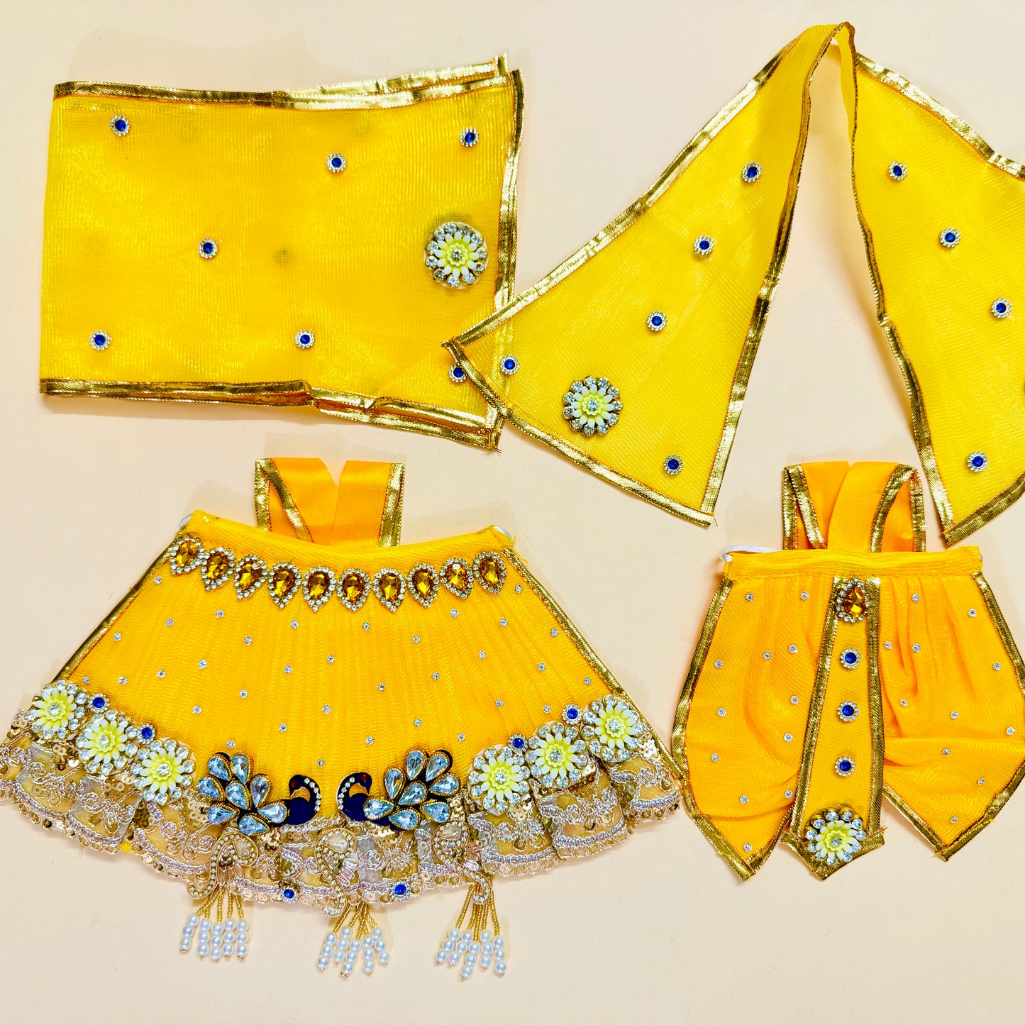 Yellow Peacock Design Radha Krishna Jugal Jodi Dress