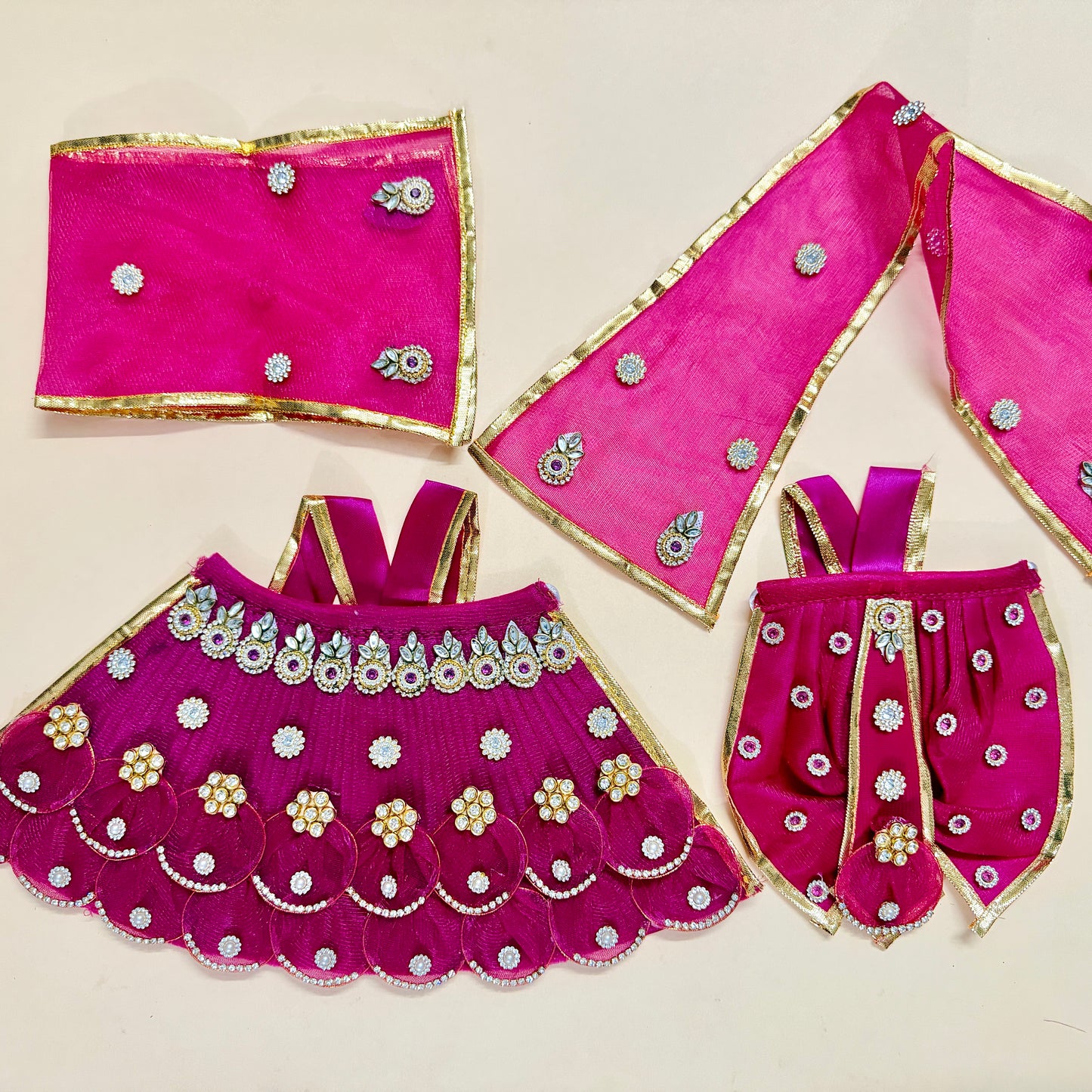 Designer Pink Radha Krishna Poshak | Handmade Jugal Jodi Dress Set