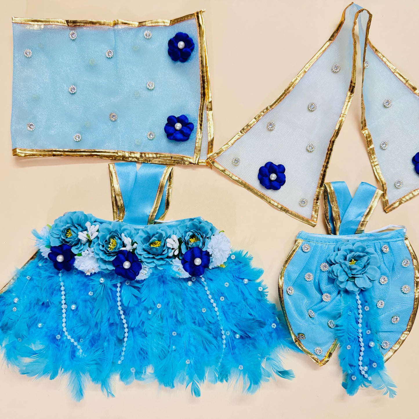 Sky Blue Feather Radha Krishna Dress | Krishna Dhoti & Radha Rani Lehenga