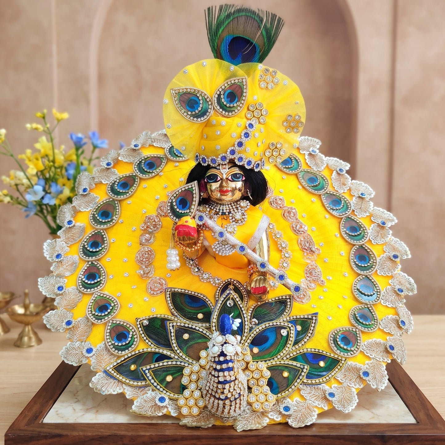 3D Peacock Kanhaji Designer Dress with Mukut, Bansuri and a Surprise Gift