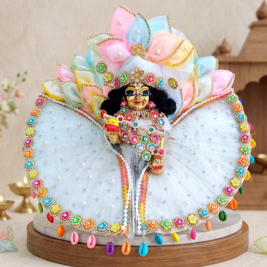 White Multicolor Floral Thakur ji Poshak with Pagdi, Bansuri and a Surprise Gift
