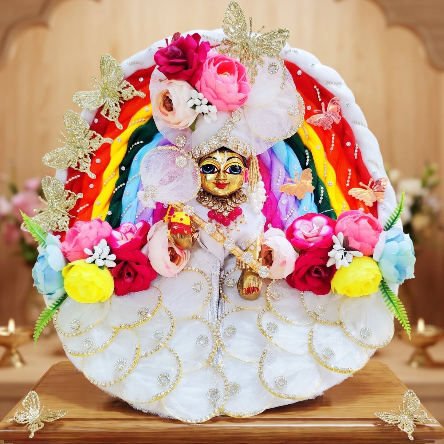 Rainbow-Butterfly Themed Laddu Gopal Floral Dress with Mukut, Bansuri and a Surprise Gift