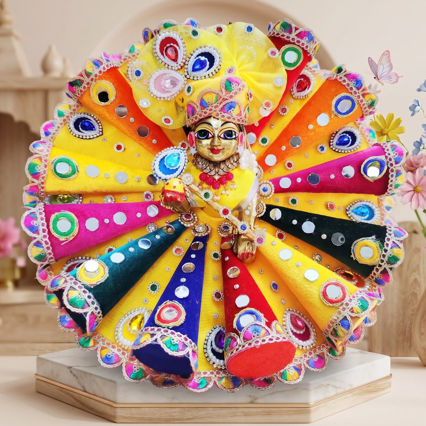 Designer 3D Cone Laddu Gopal Dress with Mukut, Bansuri and a Surprise Gift