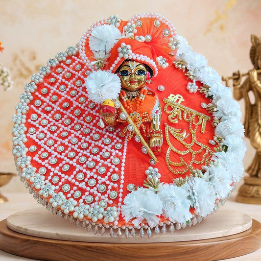 “Shree Krishna” Name Patch with Charan Motif Laddu Gopal Dress with Pagdi, Bansuri and a Surprise Gift