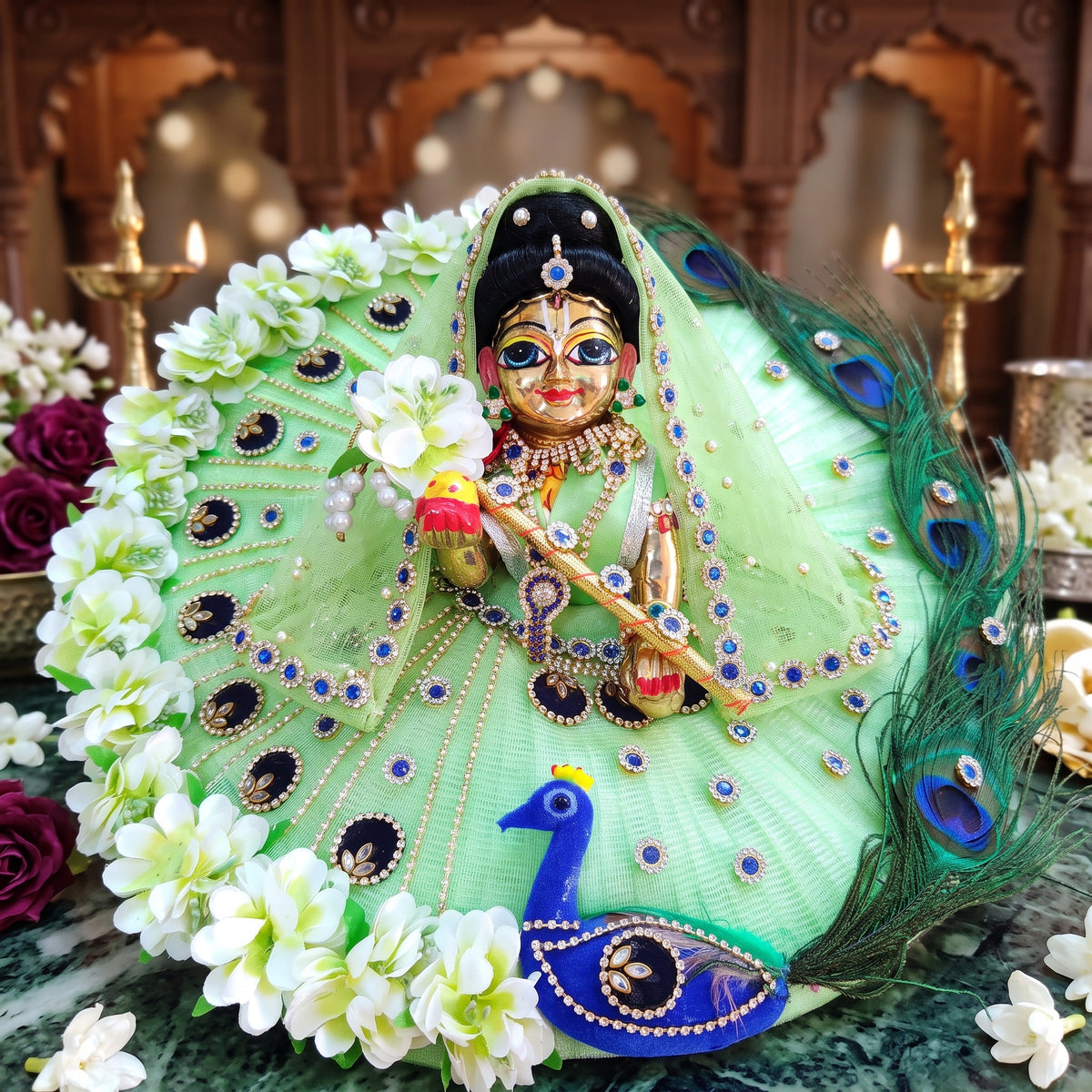 Peacock Theme Dress for Radha Rani with Chunri, Bansuri and a Surprise Gift