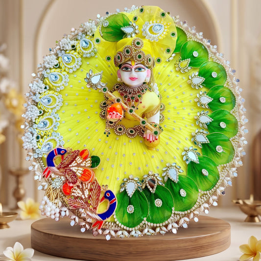 Designer Yellow Peacock Kanha ji Dress with Mukut, Bansuri & Surprise Gift