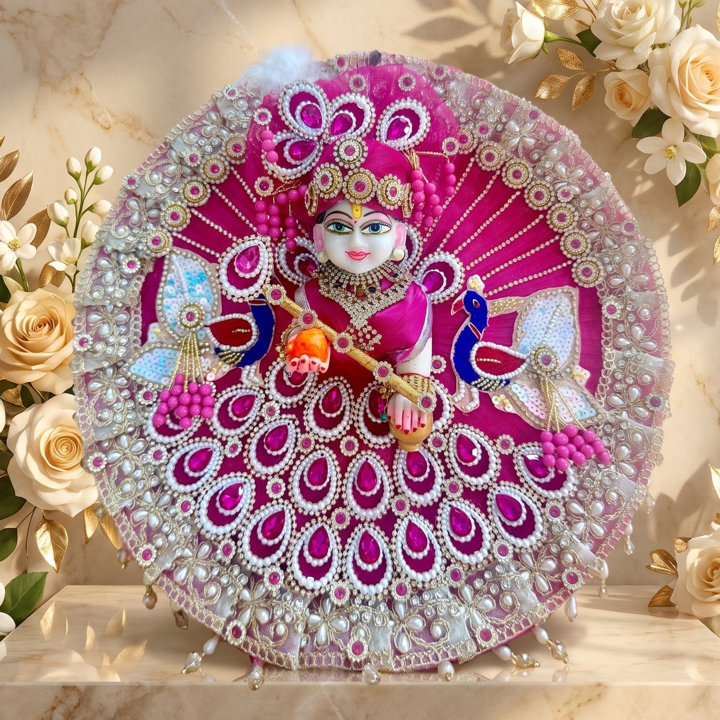 Handmade Pink Bal Gopal Poshak with Peacock Design with Mukut, Bansuri and a Gift