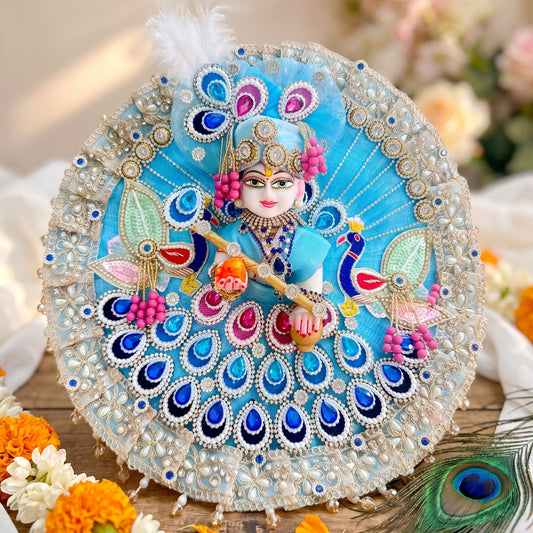 Handmade Blue Laddu Gopal Dress with Peacock Design with Mukut, Bansuri and a Gift