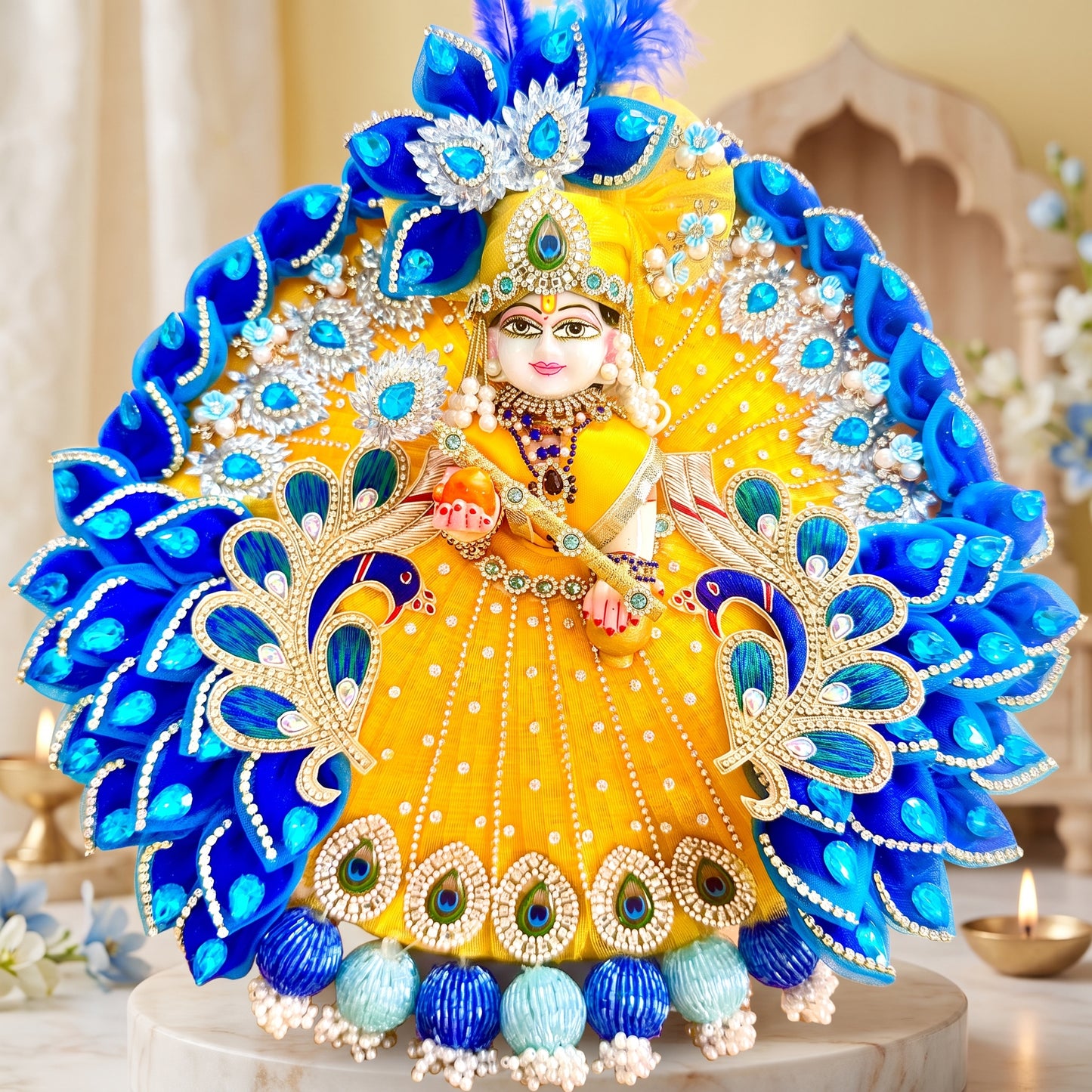 Royal Yellow Laddu Gopal Peacock Heavy Dress with Mukut & Surprise Gift