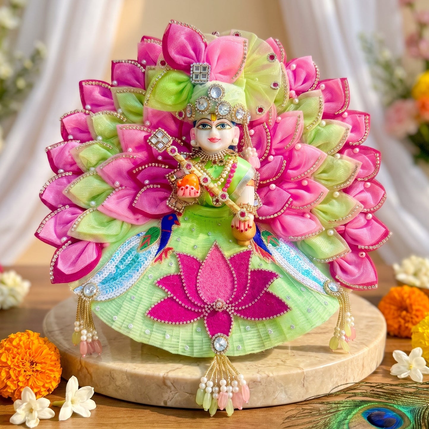 Designer Lotus Bal Gopal Poshak with Peacock Design with Pagdi, Bansuri and a Gift