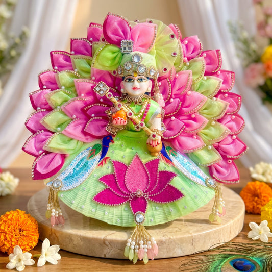 Designer Lotus Bal Gopal Poshak with Peacock Design with Pagdi, Bansuri and a Gift