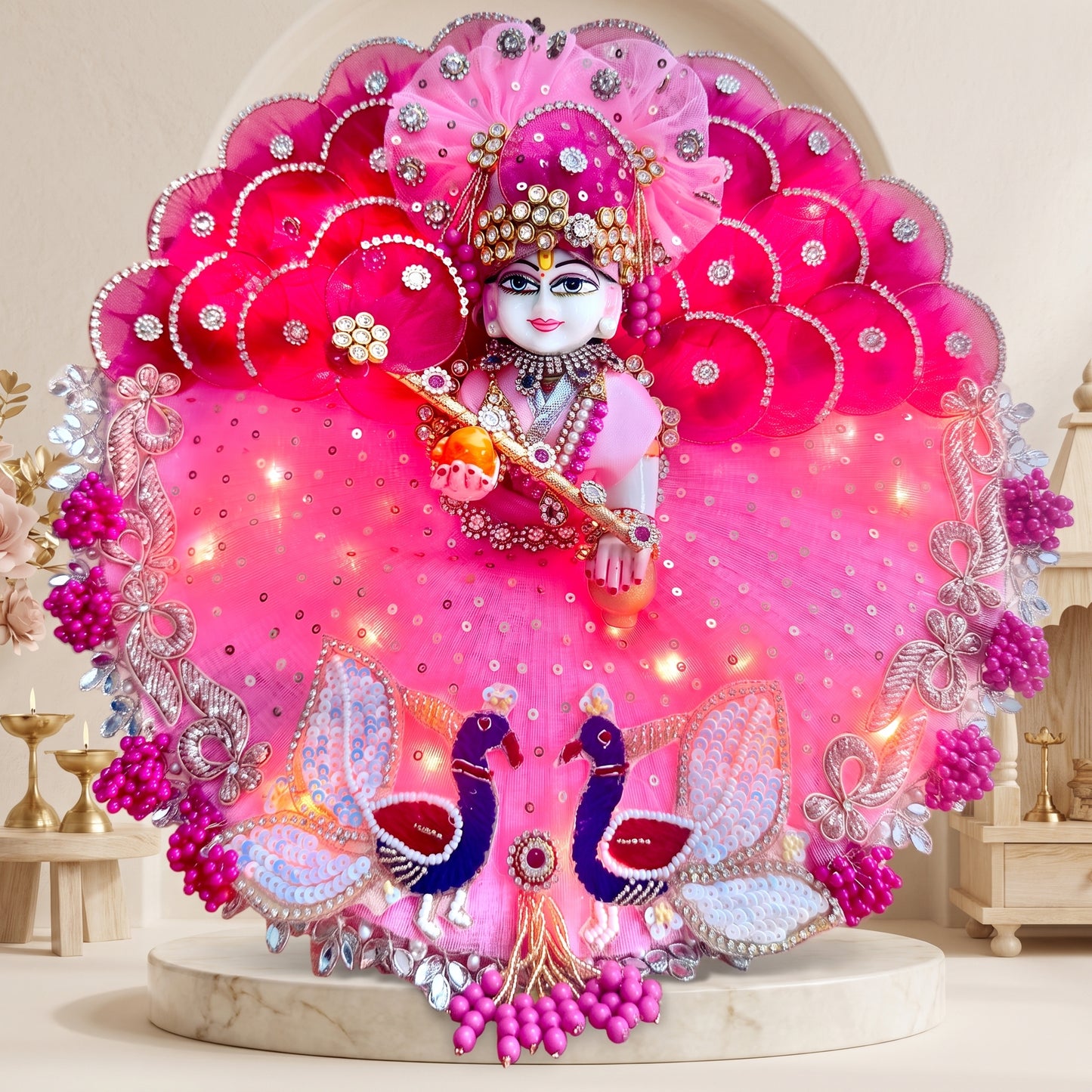 LED Light Laddu Gopal Designer Dress with Mukut, Bansuri & Surprise Gift