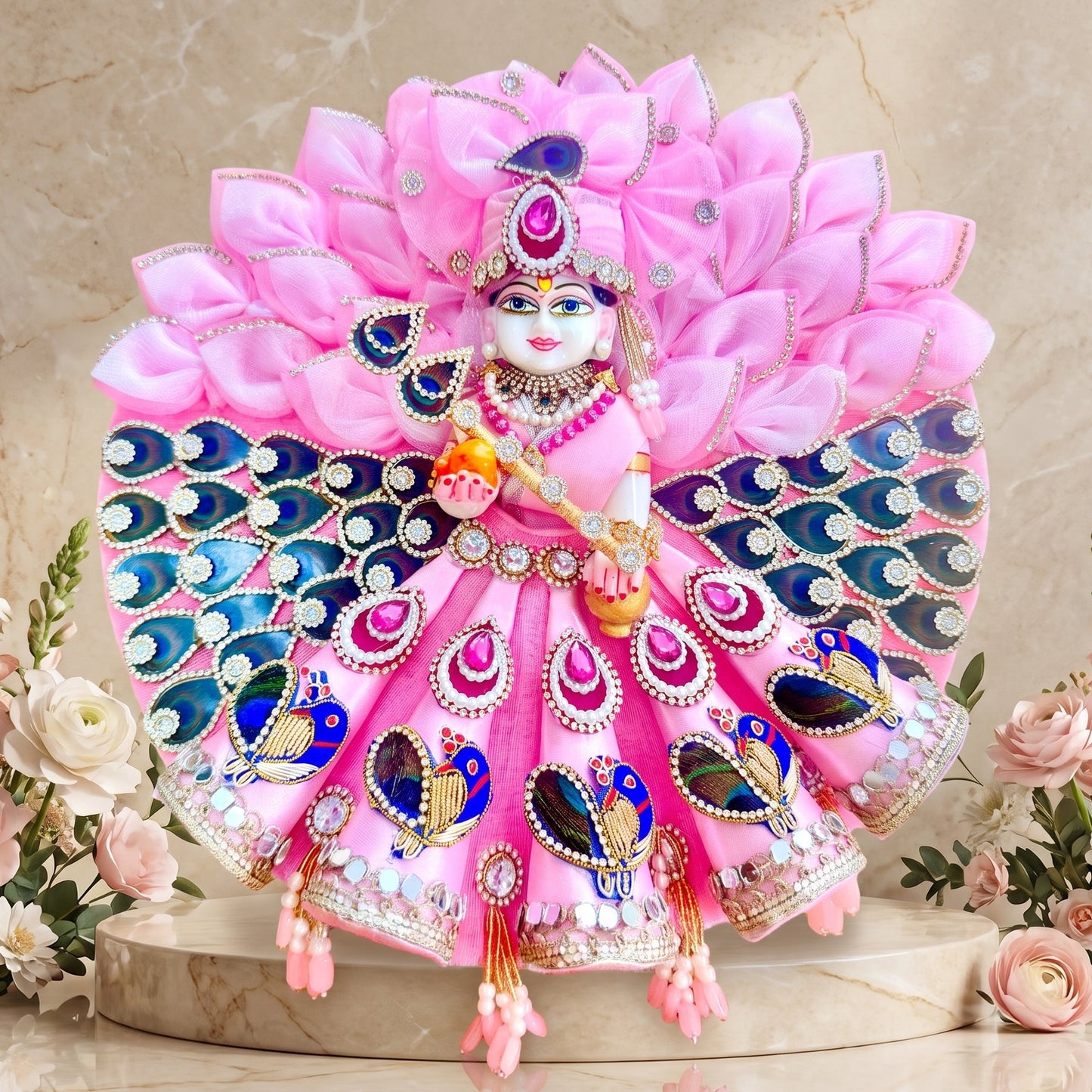 Designer Laddu Gopal Heavy Cone Poshak in Peacock Theme with Mukut, Bansuri and a Gift