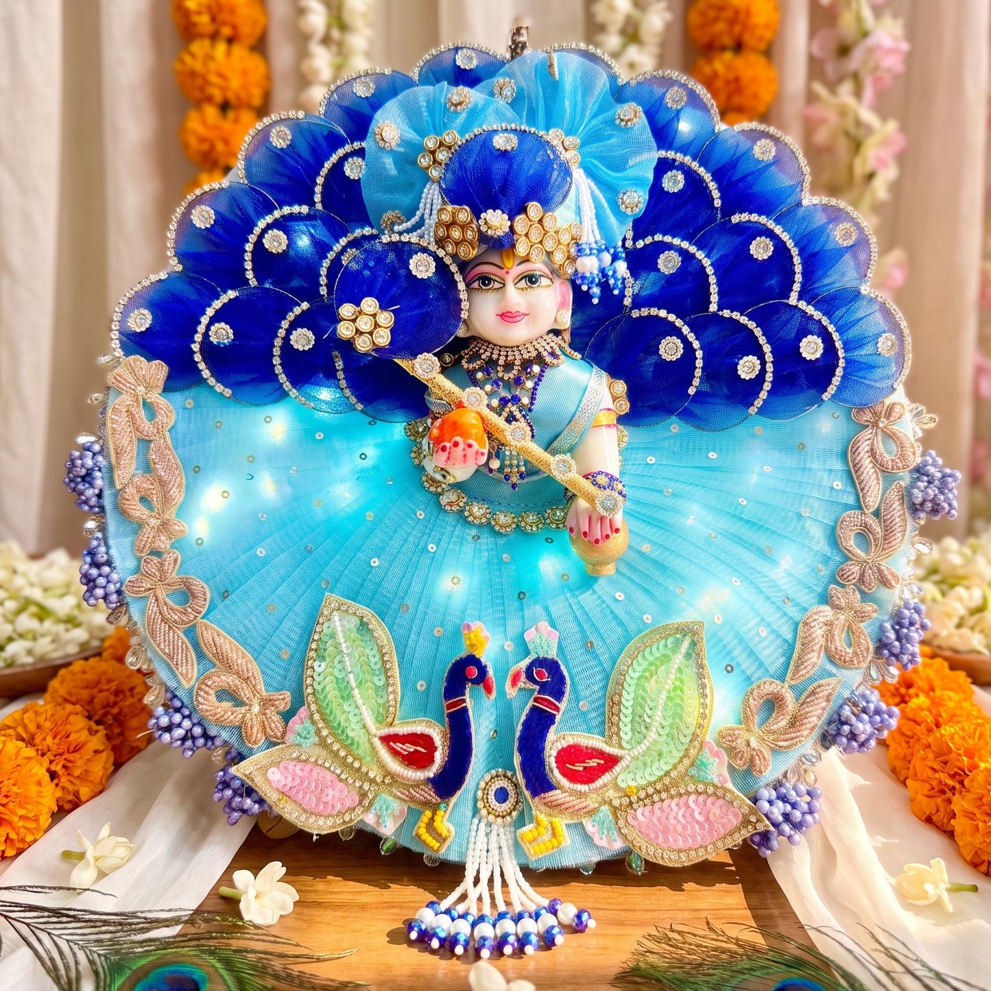 LED Light Laddu Gopal Designer Dress with Mukut, Bansuri & Surprise Gift