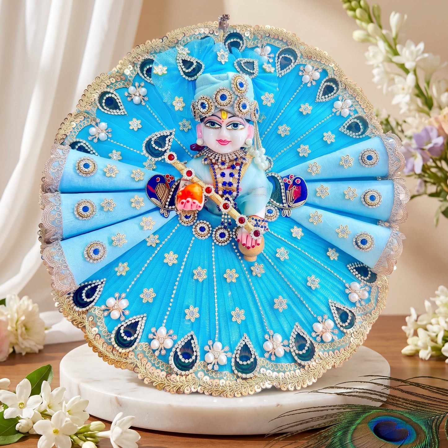 Sky Blue Peacock Kanha Ji Cone Dress with Mukut, Bansuri & Surprise Gift