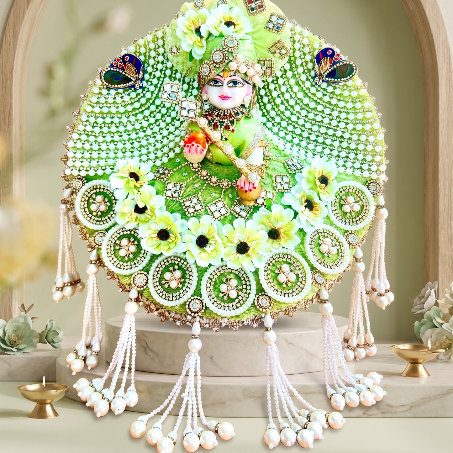 Pearl Floral Laddu Gopal Dress with Heavy Latkan with Mukut, Bansuri and a Gift