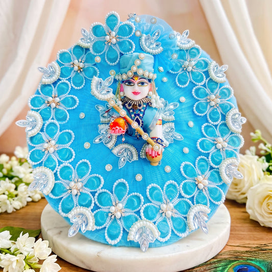 Sky Blue Floral Thakur ji Dress with Mukut, Bansuri & Surprise Gift