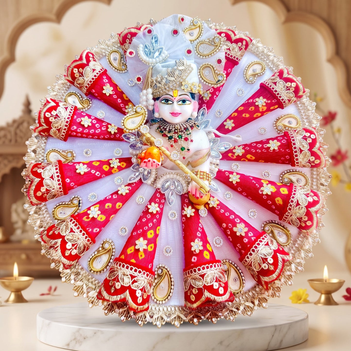 Red Bandhani Laddu Gopal Cone Dress with Mukut & Surprise Gift