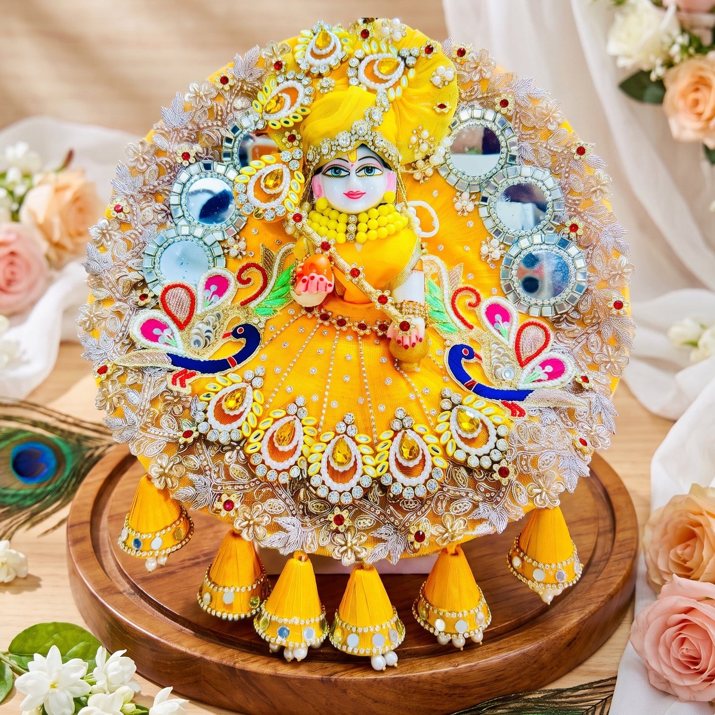 Bal Gopal Heavy Poshak with Peacock Embroidery & Mirror Work with Mukut, Bansuri & Gift