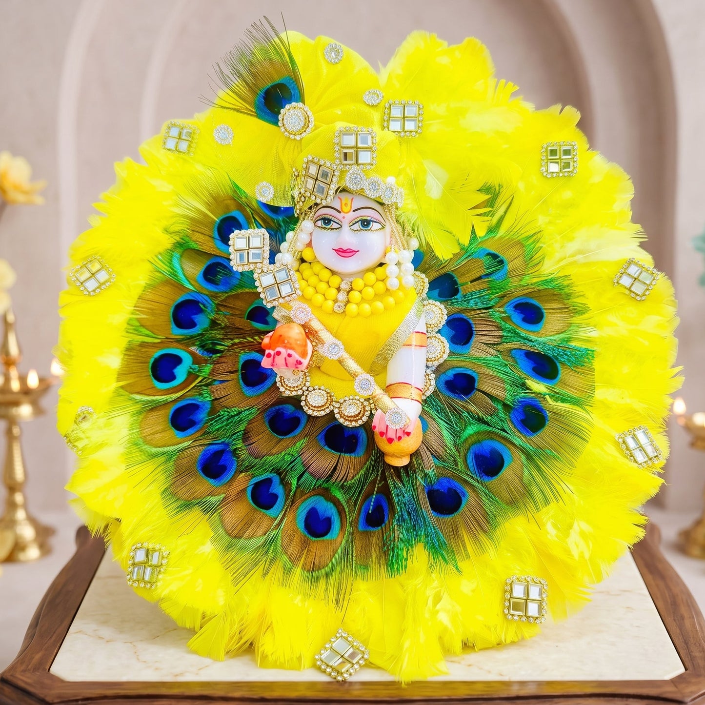 Peacock and White Feathers Thakur ji Poshak with Mukut, Bansuri & Surprise Gift