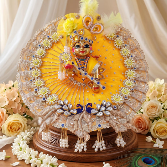 Peacock Themed Designer Laddu Gopal Poshak with Pagdi, Bansuri and a Surprise Gift