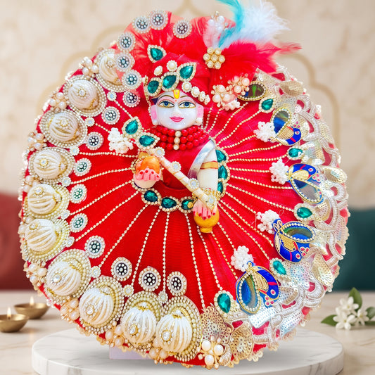3D Pearl & Zari Peacock Laddu Gopal Poshak with Mukut, Bansuri and a Surprise Gift