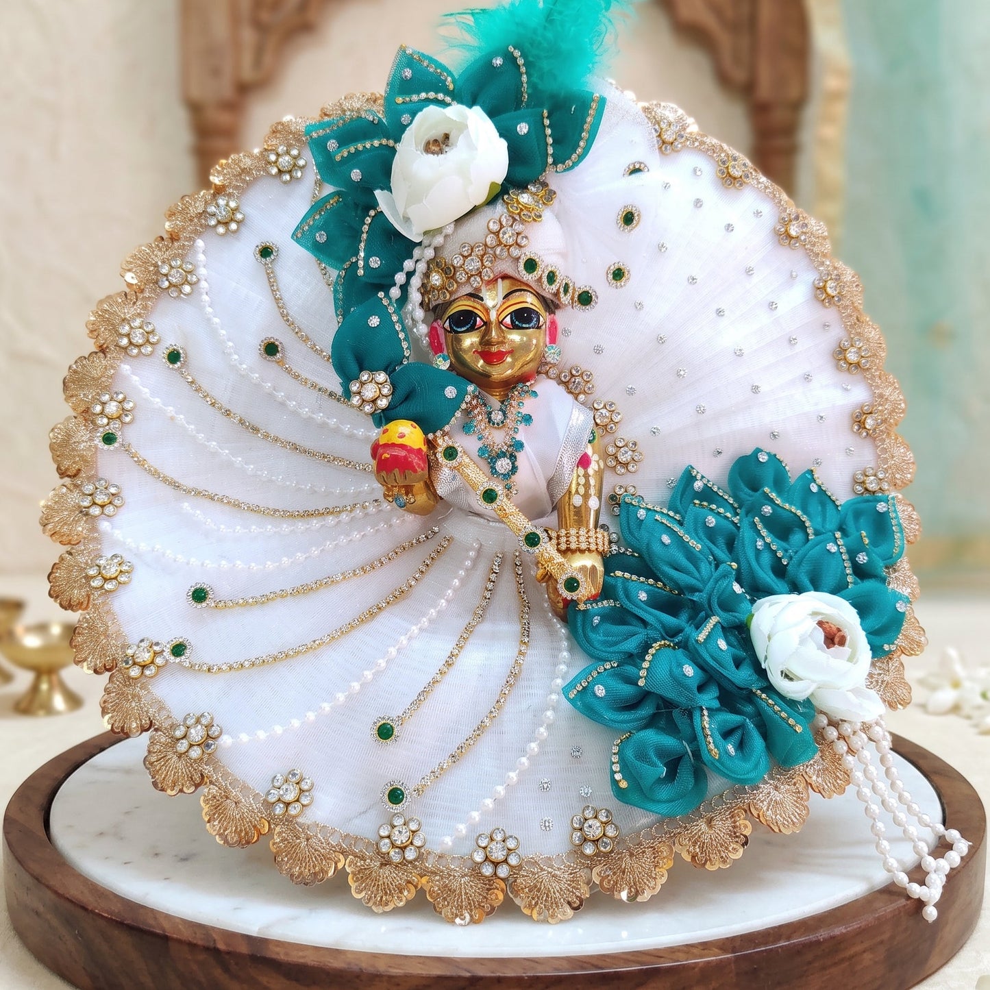 Teal & White Kanha Ji Designer Poshak with Mukut, Bansuri and a Surprise Gift