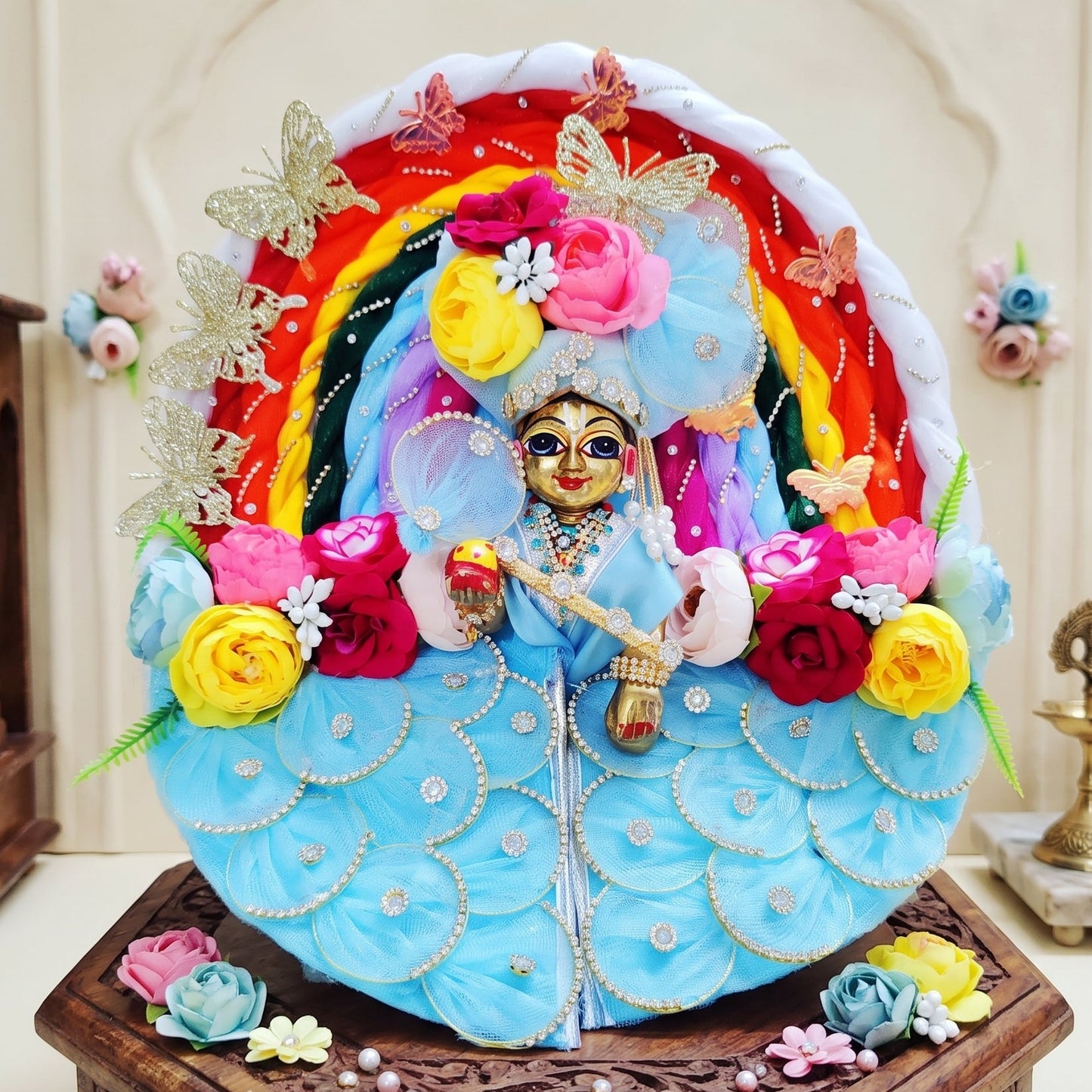 Rainbow-Butterfly Themed Laddu Gopal Floral Dress with Mukut, Bansuri and a Surprise Gift