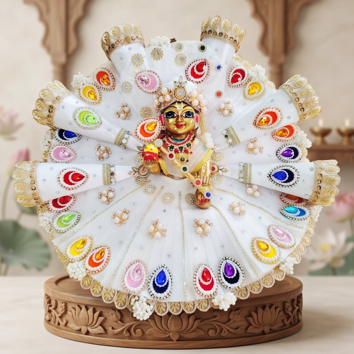 Designer 3D Cone Laddu Gopal Dress with Mukut, Bansuri and a Surprise Gift