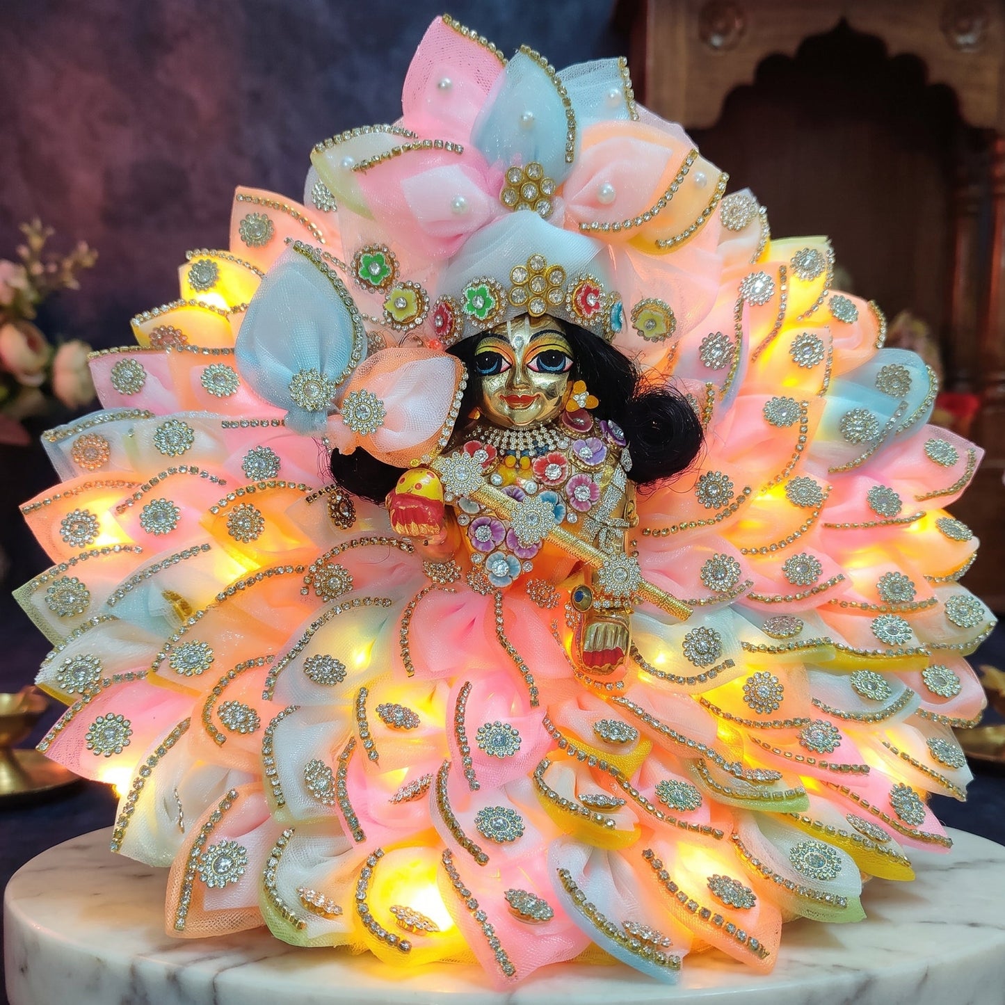 LED Light Two-in-One Fancy Laddu Gopal Poshak with Pagdi, Bansuri and a Surprise Gift