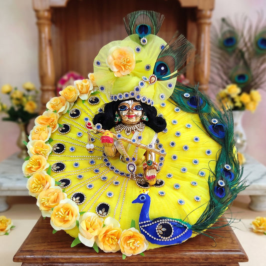 Radiant Yellow Peacock Laddu Gopal Dress with Mukut, Bansuri and a Surprise Gift