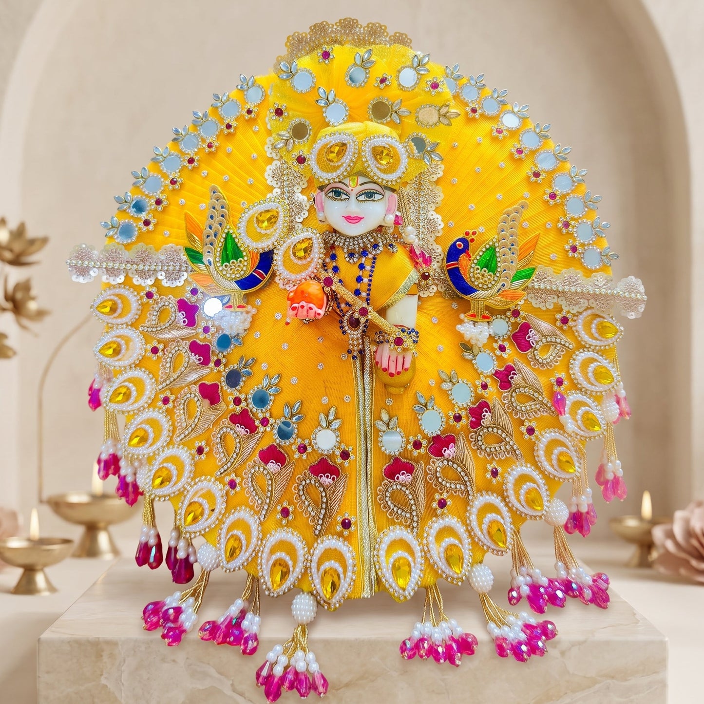 Yellow Peacock Laddu Gopal Heavy Dress with Mukut, Bansuri & Surprise Gift
