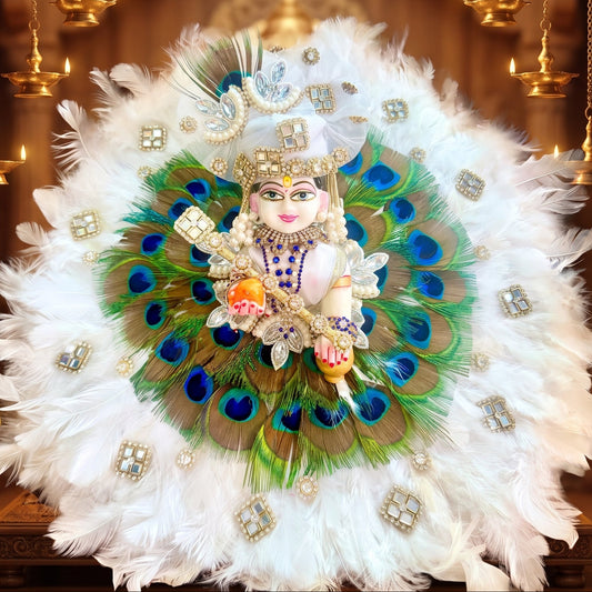 Peacock and White Feathers Thakur ji Poshak with Mukut, Bansuri & Surprise Gift