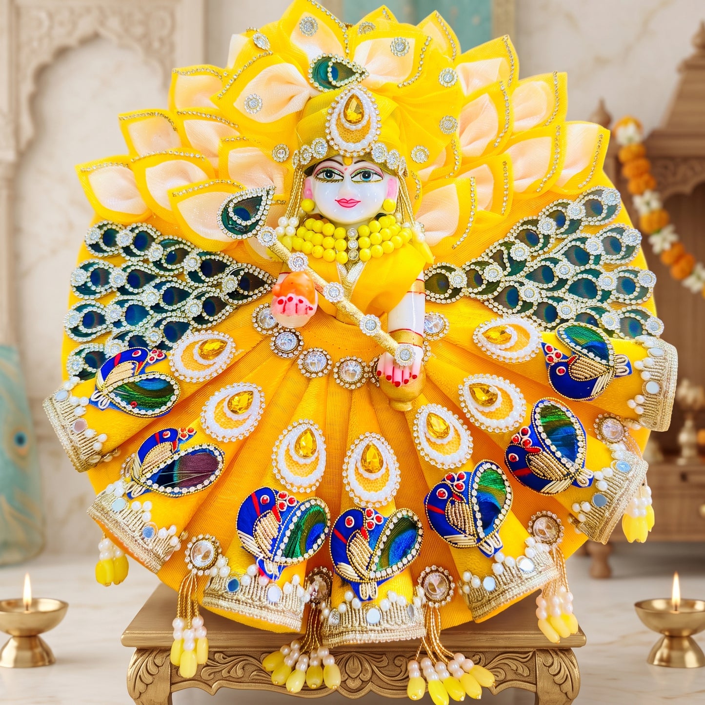 Designer Laddu Gopal Heavy Cone Poshak in Peacock Theme with Mukut, Bansuri and a Gift