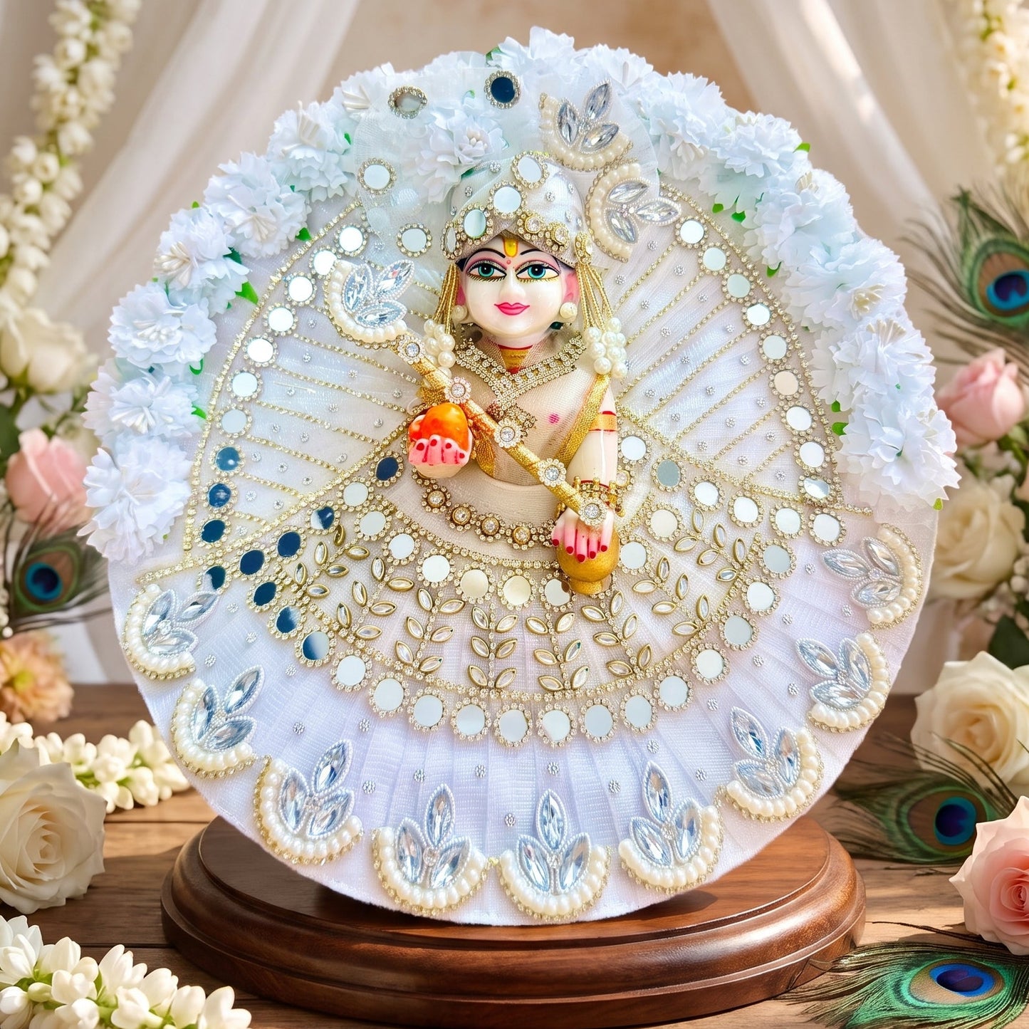 Bal Gopal Poshak with Mirror Work & Floral Border with Mukut, Bansuri & Gift