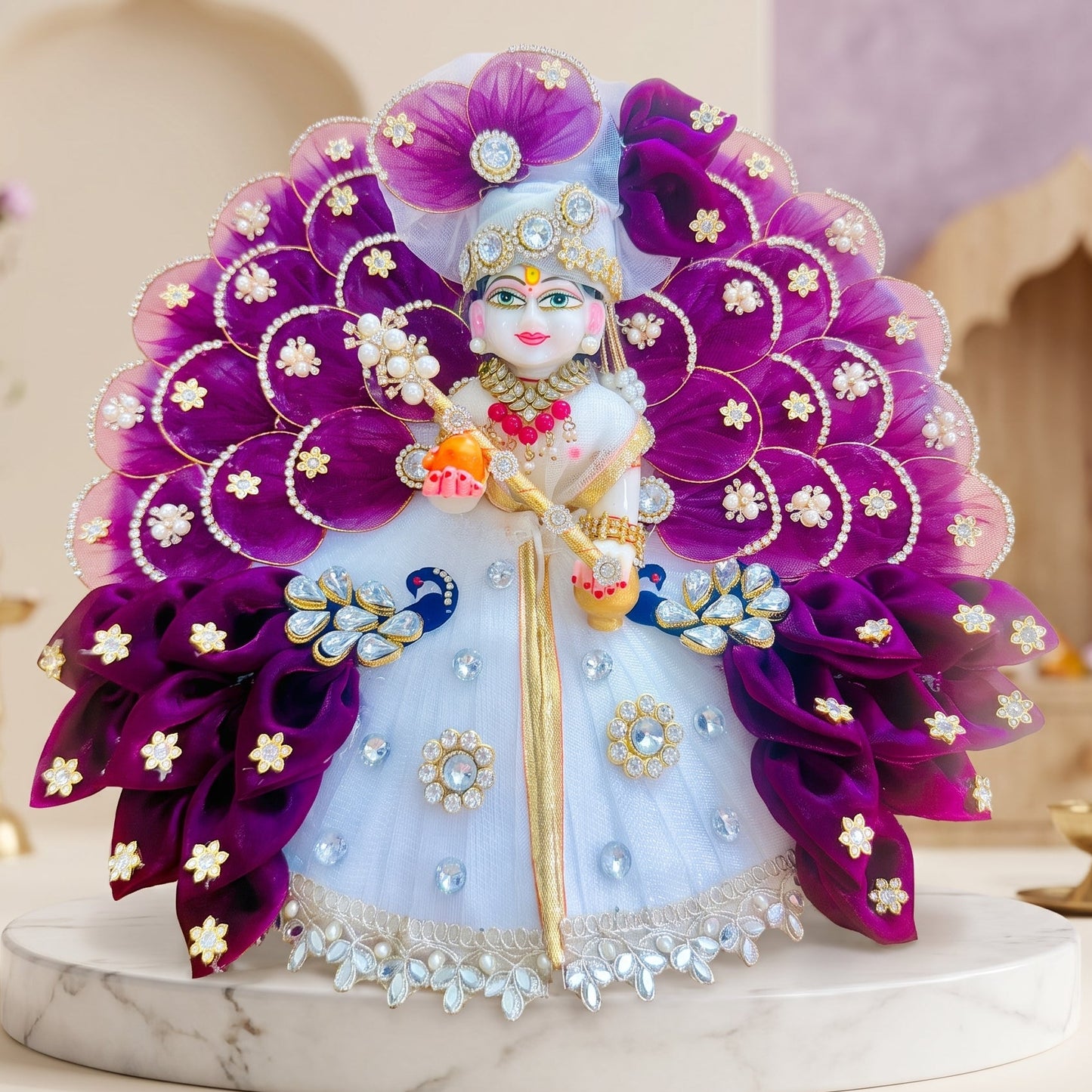Designer Bal Gopal Purple Floral Poshak with with Mukut, Bansuri and a Surprise Gift