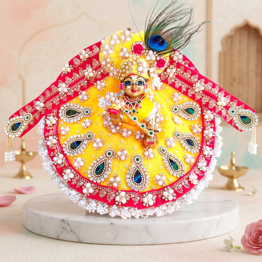Designer Red and Yellow Laddu Gopal Poshak with Pagdi, Bansuri and a Surprise Gift